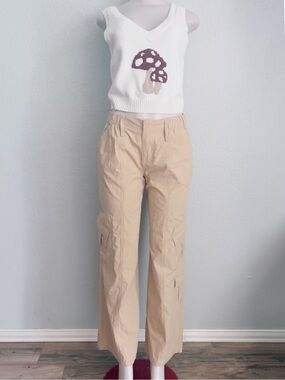 Elodie Cargo Khaki Pants SZ M Elastic Back Waist 100% Cotton